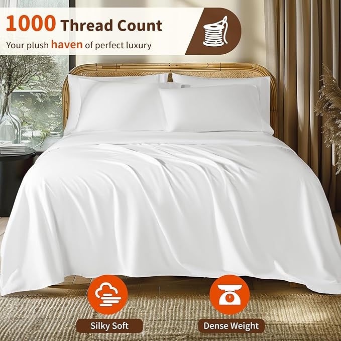 LBRO2M 1000 Thread Count 100% Egyptian Cotton Sheets Set 6 Piece Sets California King Bed Sheet Deep Pocket Sheet Set 16" Soft Comfortable All Season (California King, White)