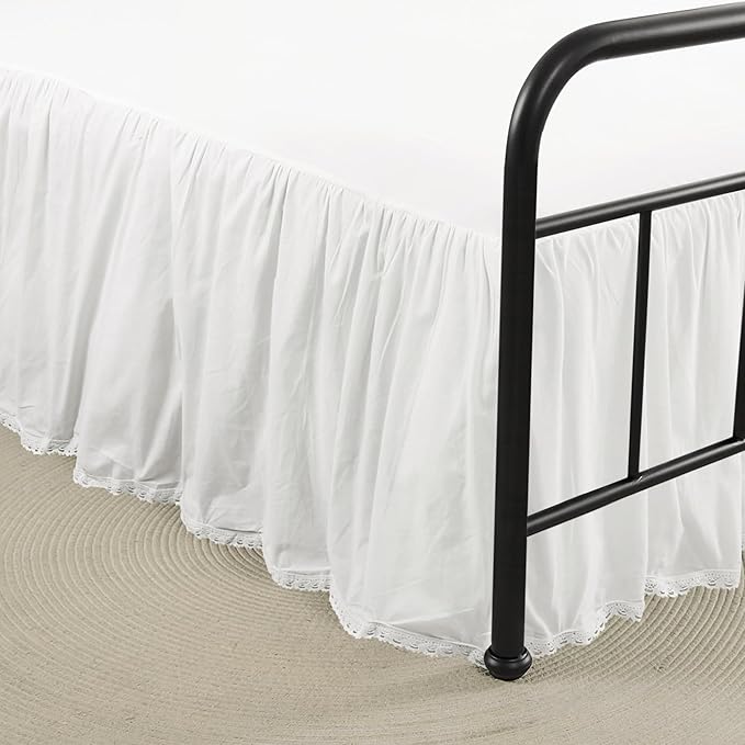 Twin Size 14" Drop - White Lightweight Cotton Bed Skirt with Crochet Edge - Dust Ruffle with Split Corner - Soft, Elegant, Breathable Bedding Accessory