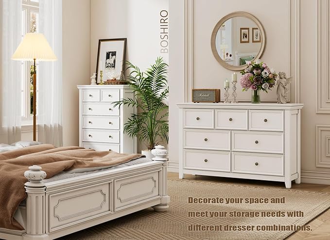 Tall Dresser for Bedroom, White 6 Drawers Dresser, Farmhouse Dresser for Bedroom，Storage Drawers Cabinet for Living Room, Home Office