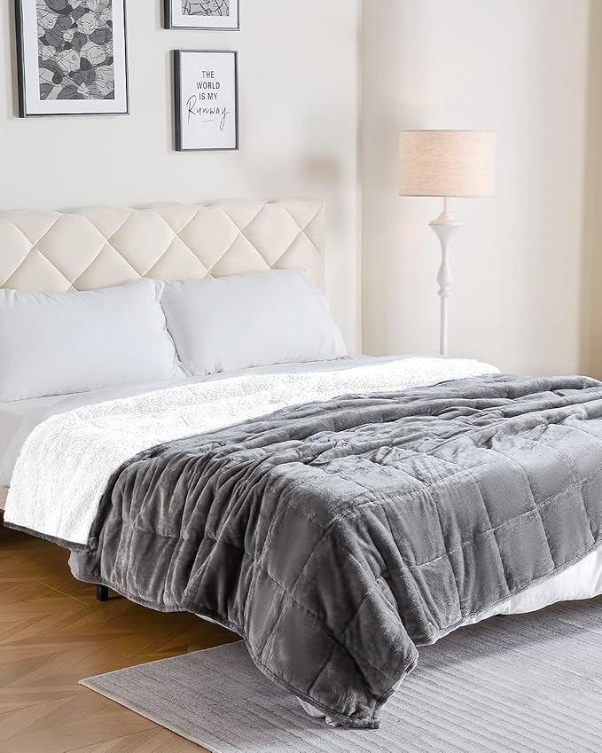 Uttermara Weighted Blanket Queen Size 15lbs 60x80 inches, Soft Plush Fleece, Cozy Warm White Sherpa Snuggle Thick Heavy Blanket Great for Sleep and Calming, Grey