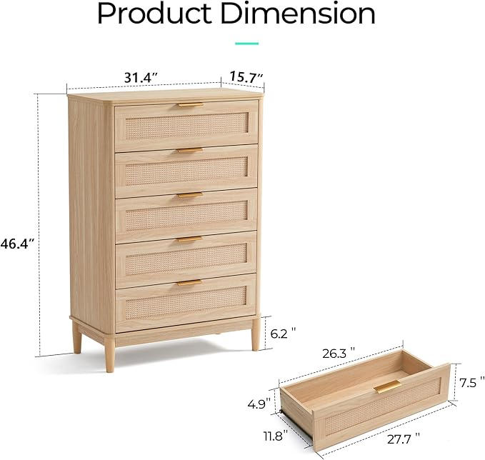 LINSY Rattan 5 Drawer Dresser for Bedroom, 46" Tall Mid-Century Modern Chest of Drawers, Deep Storage Dresser with Curved Corner Design, Large Accent Wood Cabinet for Bedroom, Oak