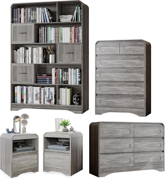 5 Piece Bedroom Sets, Modern Dresser and Nightstand Sets & Bookshelf with Safe Curved Design, Including Tall Bookshelf High & Wide 6 Drawer Dressers and Night Stand Set of 2 for Bedroom, Grey