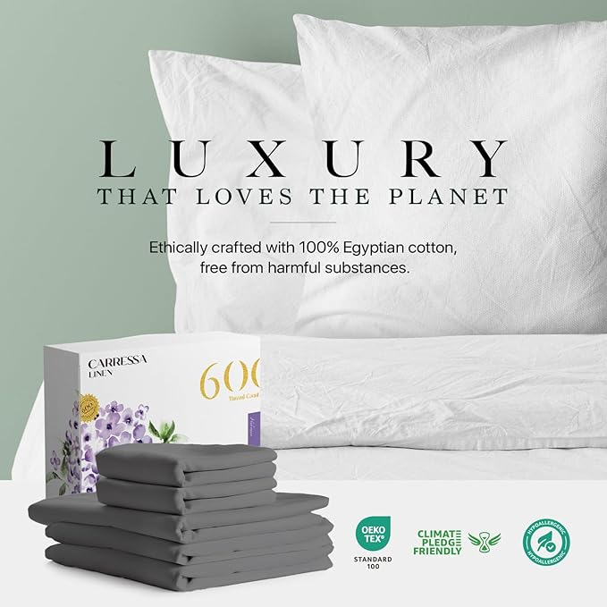 Carressa Linen Split King Sheets Sets for Adjustable Bed - 100% Egyptian Cotton 600 Thread Count 5 PC Top Split King Sheet Set (Dark Grey), 16" Deep Pocket Silky Soft Cooling Luxury Hotel Sheets