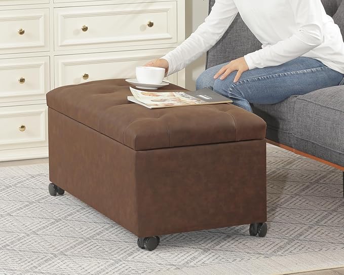 Joveco Storage Ottoman Bench 35" Faux-Leather Rectangular Tufted Ottomans Storage Room Organizer with Wheels(Matte Chocolate)