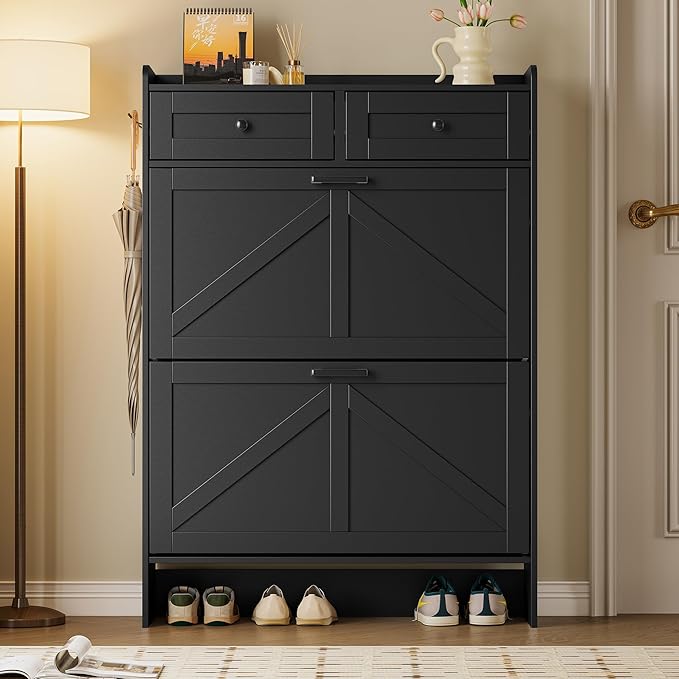 Shoe Storage Cabinet for Entryway, Farmhouse Narrow Shoe Cabinet with 2 Flip Drawers & Top Drawers, Adjustable Shelves & Hooks, Freestanding Hidden Rack Organizer for Hallway, Foyer
