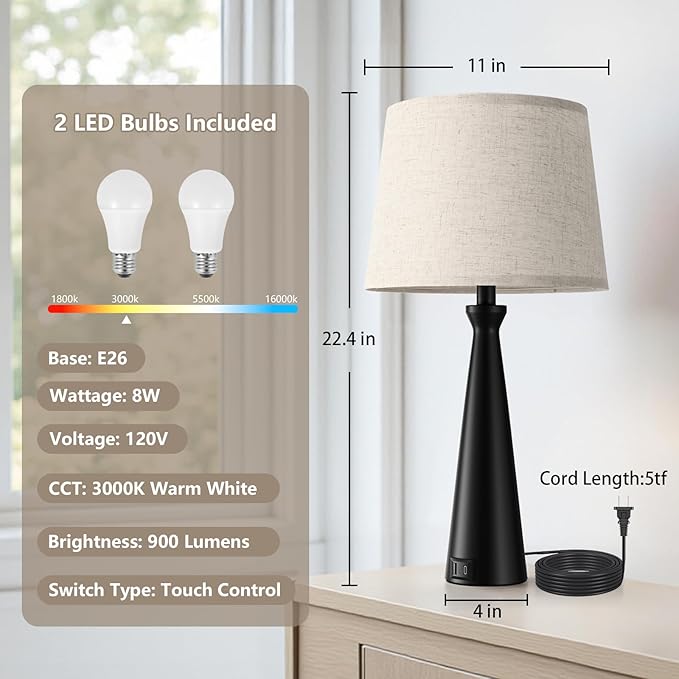 Seealle Modern Table Lamps Set of 2 - Touch Bedside Lamp for Nightstand with Dual USB C+A,3-Way Dimmable Black Nightstand Lamps for Living Room Bedroom End Table with Beige Shade(Bulb Included)
