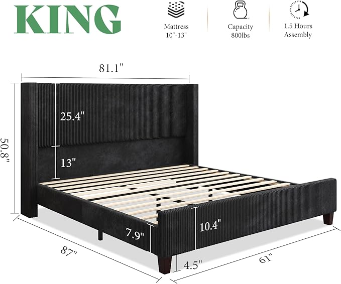 AMERLIFE King Size Upholstered Bed Frame with 50.8" Tall Headboard, Wingback Platform Bed with Solid Wood Legs, Wooden Slats, Corduroy/No Box Spring Needed/Noise Free/Black