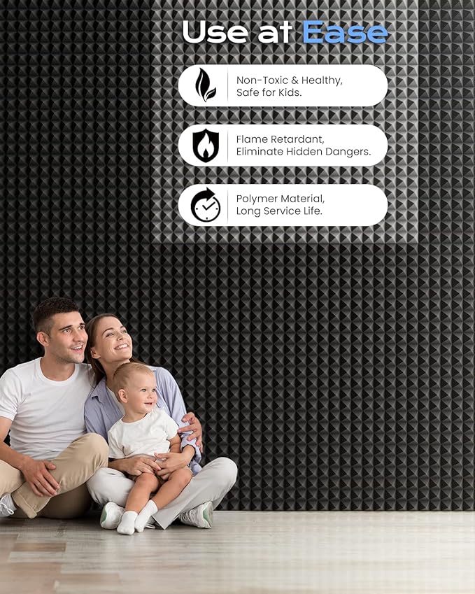 Sonicism Sound Proof Foam Panels for Walls Upgrade Self-Adhesive 8 Pack Pyramid 3"X12"X12" Acoustic Panels 35kg/m³High Density,Soundproof Wall Panels Fast Expand,Sound Absorption and Decoration,Black