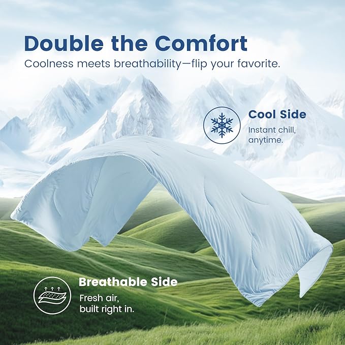Cozy Bliss Cooling Comforter Queen Size Dual-Sided, Ultra-Soft Cooling Blankets for Hot Sleepers and Night Sweats, Breathable Lightweight Silky Smooth, Cool Blue