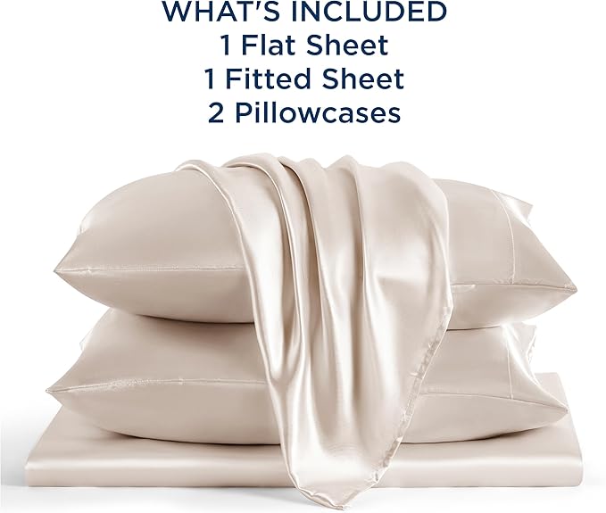 Bedsure Satin Sheets Queen Size - 4 Piece Silky Bedsheets with 15 Inches Deep Pocket Fitted Bedsheet,1 Flat Sheet, 2 Satin Pillowcases, Good for Hair & Skin (Queen, Beige)