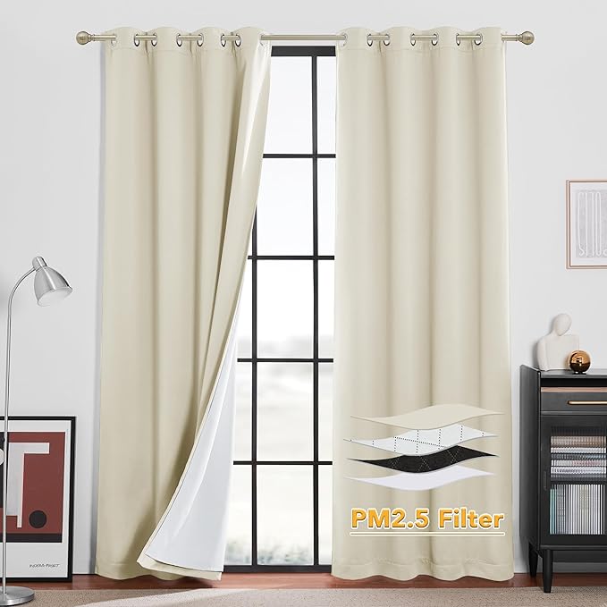 RYB HOME Soundproof & Dust Particle Filtering Curtains Blackout Window Treatment for Bedroom Living Room Divider Nursery Daytime Sleeping Patio Door, Beige, W52 x L 108 inch, 2 Panels