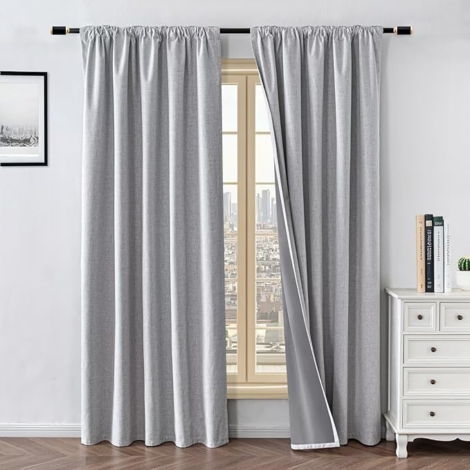 100% Blackout Curtains for Living Room, 90 Inch Curtains 2 Panel Set Light Blocking, Back Tab & Rod Pocket Thermal Insulated Drapes Bedroom Windows Home Decor(52W × 90L inch, Greyish White)