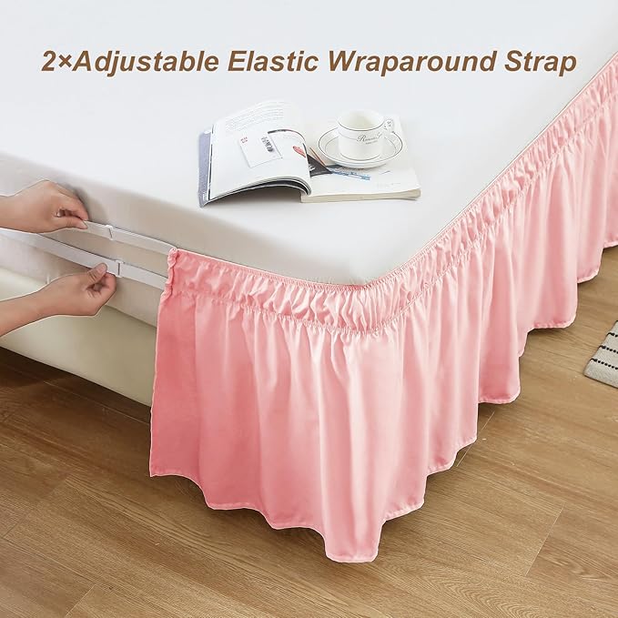 MEILA Wrap Around Bed Skirt Three Fabric Sides Elastic Dust Ruffled 24 Inch Tailored Drop,Easy to Install Fade Resistant-Pink, Twin/Full