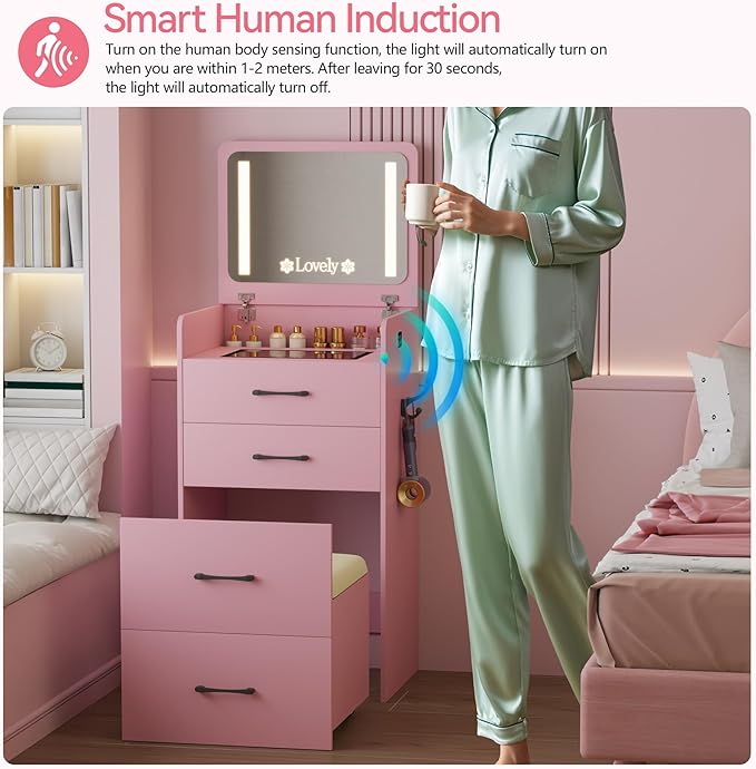 HNEBC 3 in 1 Vanity Desk with Plip Top LED Mirror,Small Dressing Table Set with Visible Glass Desktop,Compact Vanity with 3 Drawers,Storage Compartment and Padded Stool,for Bedroom(Pink)