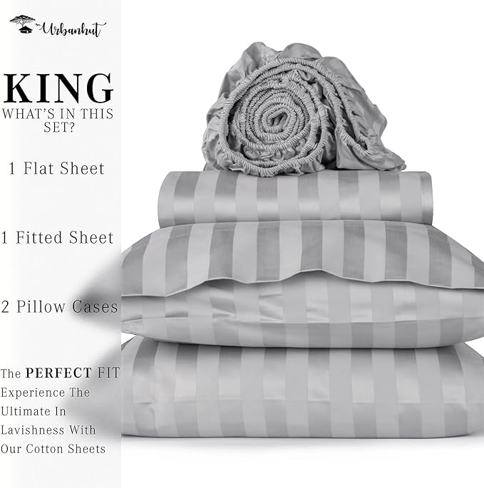 URBANHUT 800 Thread Count 100% Cotton Damask King Size Sheets, 4 Piece Striped King Size Bedsheets, Luxury Hotel Sheets Sateen Weave - Better Than Egyptian, 16" Elasticized Deep Pocket- Silver Grey