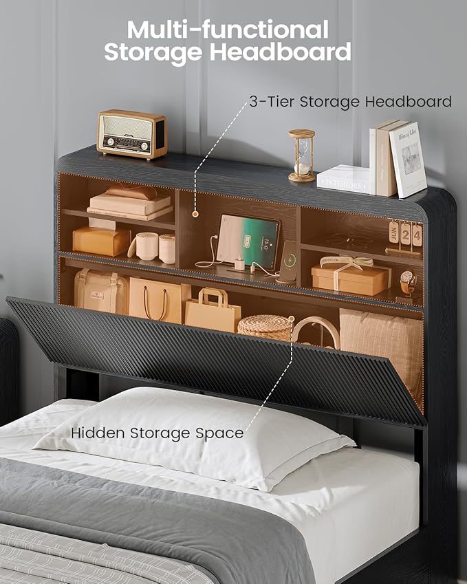 AOGLLATI Queen Bed Frame with 4 Storage Drawers and Hidden Storage Headboard, Black Led Fluted Bed Frame Queen Size with Charging Station and Curved Profile Design,No Box Spring Needed, Black
