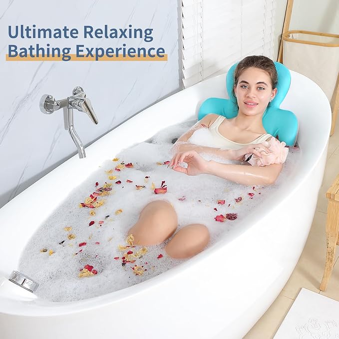 Luxury Bath Cushion, Full Body Bathtub Pillow with 160 Suction Cups, Bath Mat for Head and Neck Support, with Laundry Bag (Blue, 51.2" x 16.2")