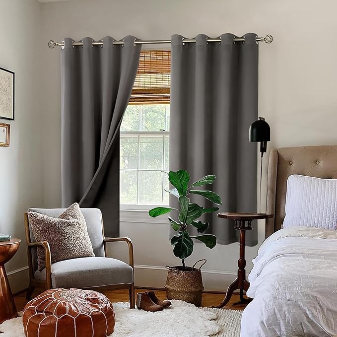 BGment Thermal Insulated 100% Blackout Curtains for Bedroom with Black Liner, Double Layer Full Room Darkening Noise Reducing Grommet Curtain (52 x 63 Inch, Grey, 2 Panels)