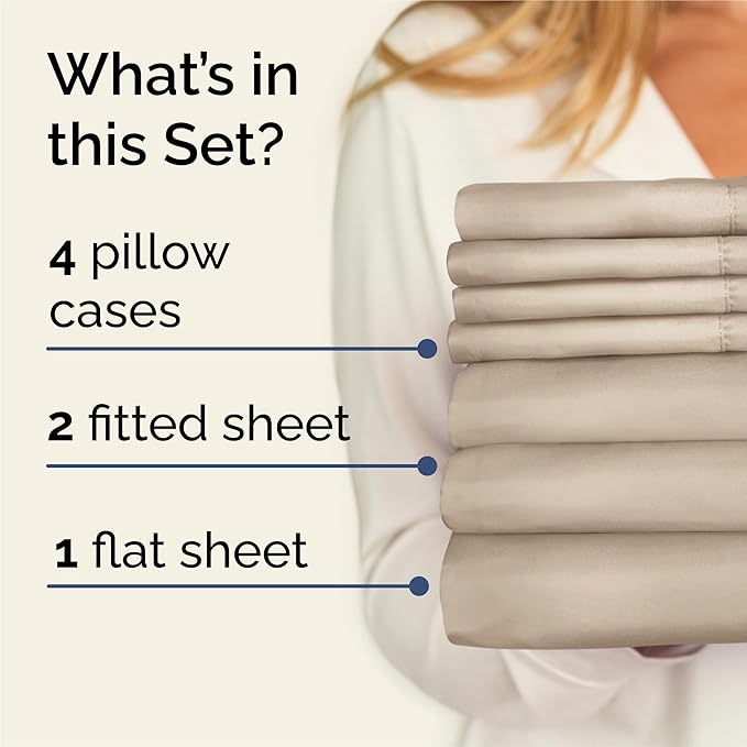 Split King 7 Piece Sheet Set - Cooling & Breathable - Hotel Luxury Bedding - Includes Fitted Sheets for Women, Men, Kids and Teens - 1 Flat, 2 Fitted Sheets, 4 Pillowcases with Deep Pockets - Cream