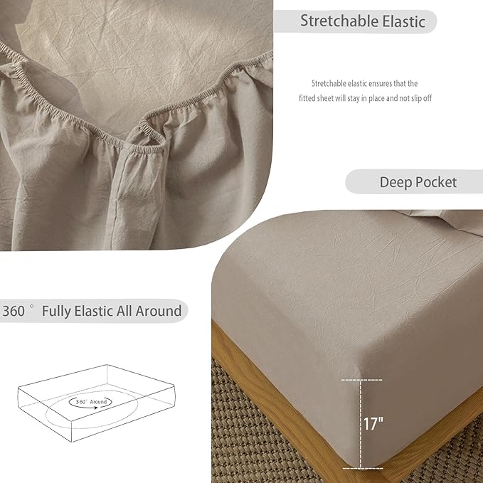 MooMee Bedding Sheet Set 100% Washed Cotton Linen Like Textured Breathable Durable Soft Comfy (Solid Mocha Brown, Twin)