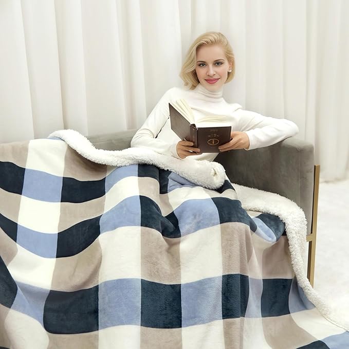 Sherpa Blanket Fleece Throw Blanket for Couch, Flannel Cozy Thick Warm Soft Twin Blanket for Bed, Gray-Soft Blue, 60x80 Inches