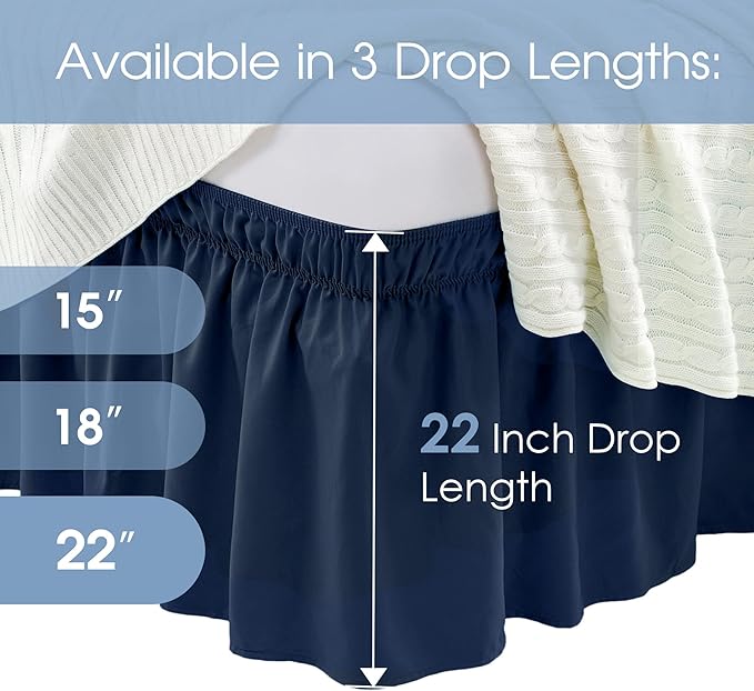 FreshCulture Elastic Wrap Around Bed Skirt - Easy Fit with 22-Inch Tailored Drop, Hotel Quality Dust Ruffle for Full Size Bed (Navy Blue)