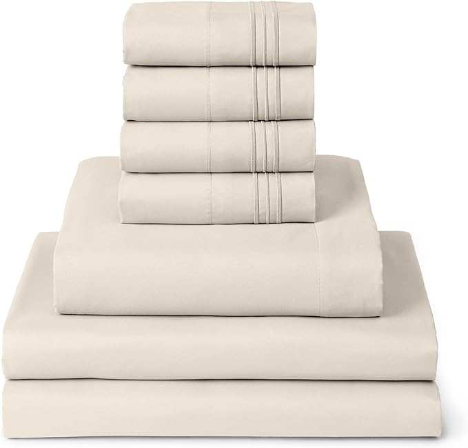 Mellanni Split King Sheet Set - 7-Piece Iconic Collection Bedding, (Including 4 Pillowcases), 16-Inch Deep Pocket, Easy Care, Extra Soft, Cooling Sheets, Brushed Microfiber - Golden Ivory