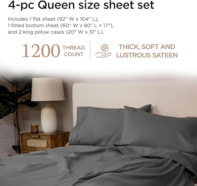 Threadmill Luxury 100% Supima Cotton Sheets, Luxury 1200 Thread Count Cotton Sheets for Queen Size Bed, 4 Pc Dark Grey Bed Sheets Queen Set, 5-Star Hotel Quality Elasticized Deep Pocket Bed Sheets Set