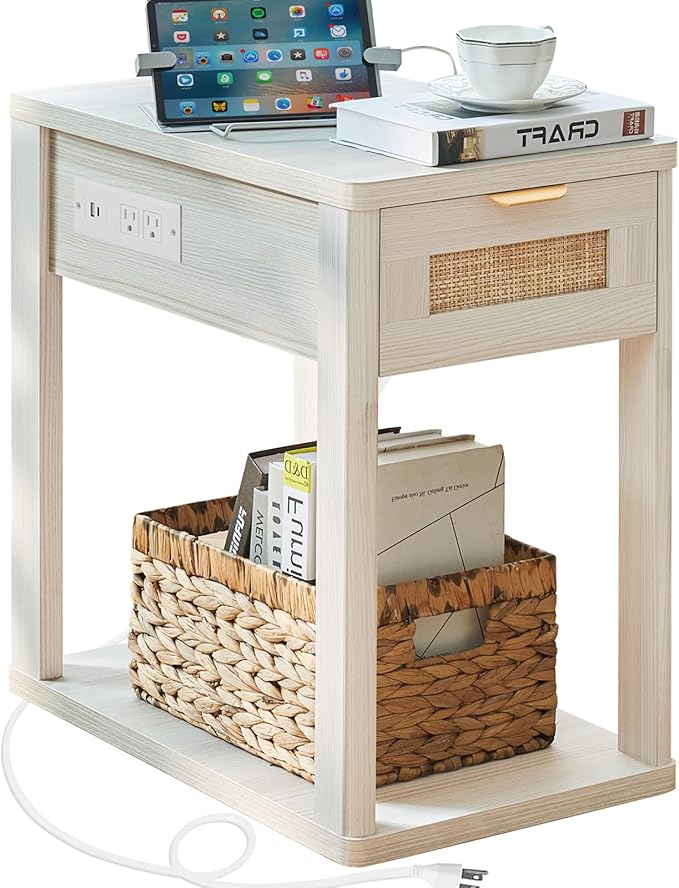 LEYAOYAO Narrow Side Table with Charging Station, Rattan Night Stand with Drawer Storage, Natural Wood Bedside End Table with Metel Handle for Small Spaces, Boho Nightstand for Living Room Bedroom
