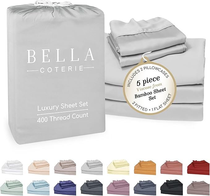 Bella Coterie Luxury Bamboo Viscose Split King Size Sheet Set | 2 Fitted Sheets for Sleep Number & Adjustable Beds | 100% Organically Grown | Cooling & Ultra Soft | 18” Deep Pocket [Grey Mist]