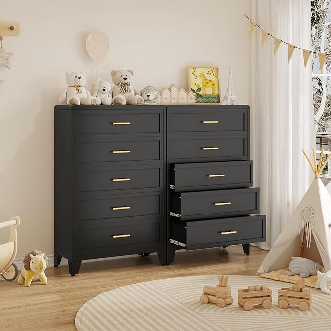 5 Drawer Dresser, Metal Tall Dresser for Bedroom, Black Bedroom Dressers with Drawers, Curved Corner Design Dressers & Chest of Drawers, Storage Cabinet for Hallway, Entryway (Black)
