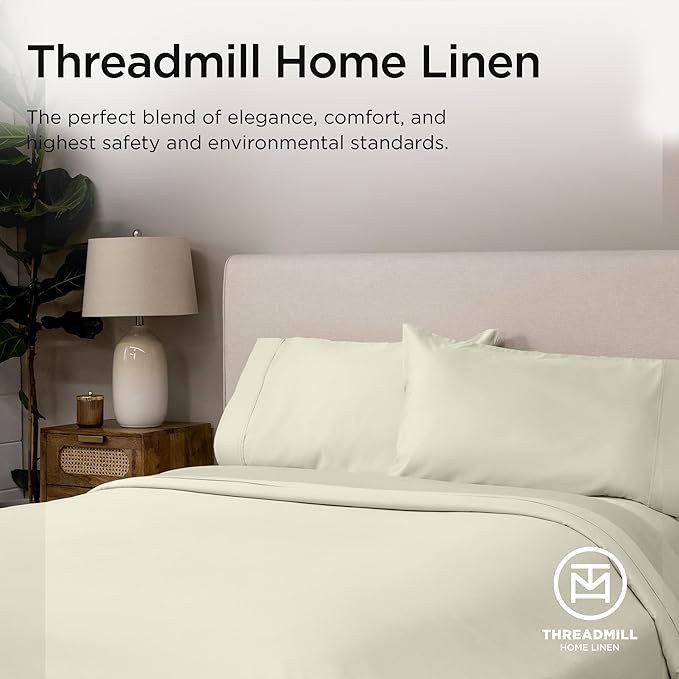 Threadmill 100% Supima Cotton Sheets, 1200 Thread Count Cotton for Cal King Size Bed, 4 Pc Ivory Cal King Bed Sheets Set, 5-Star Hotel Quality with Elasticized Deep Pocket King Sheets