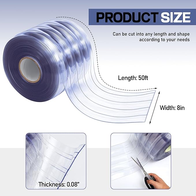 Moukeren Plastic Door Curtain for Winter 50 ft x 8 Inch Thermal Insulated Garage Door Strip Curtains Smooth Waterproof Clear PVC Strip Curtain for Warehouse Freezer Garage, 0.08" Thickness(Striped)