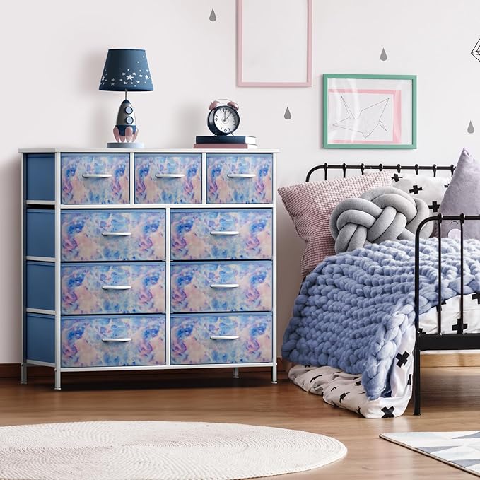 Sorbus Kids Dresser with 9 Drawers - Furniture Storage Chest Tower Unit for Bedroom, Hallway, Closet, Office Organization - Steel Frame, Wood Top, Tie-dye Fabric Bins (Pastel, Tie-dye)