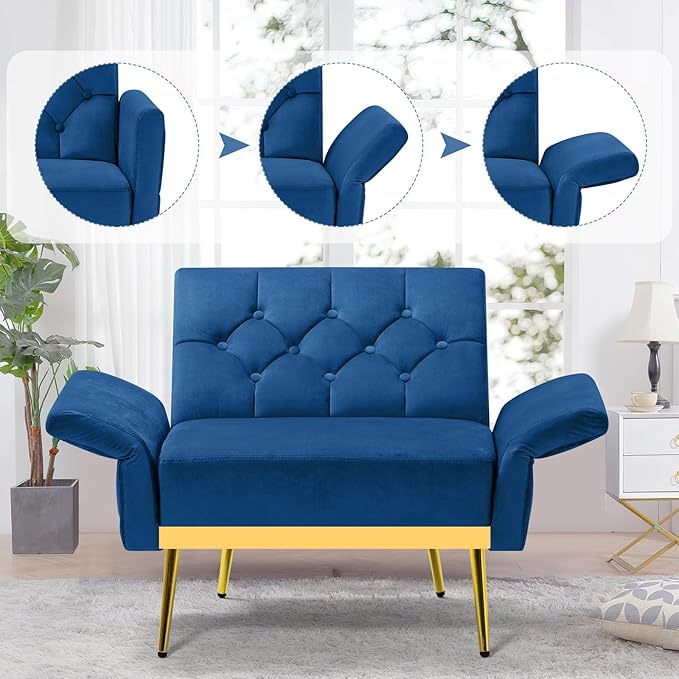 Velvet Accent Chair w/Adjustable Armrests and Backrests, Tufted Single Sofa with Ottoman, Upholstered Reading Chiar for Living Room, Apartment, Bedroom, Blue