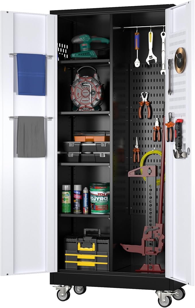 Garage Storage Cabinet with Wheels, Broom Closet Storage Cabinet with Pegboards and Adjustable Shelves, Metal Tool Cabinet with Lockable Door for Garage Home, Black and White