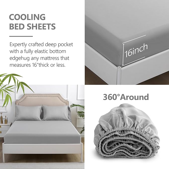 Linen World Lyocell Cooling Bed Sheets Set Queen Size,100% Organically Grown Viscose Sheets,Deep Pocket Up to 16",4 Pieces Silky Soft,Breathable Bedding Sheets & Pillowcases(Light Gray,Queen)