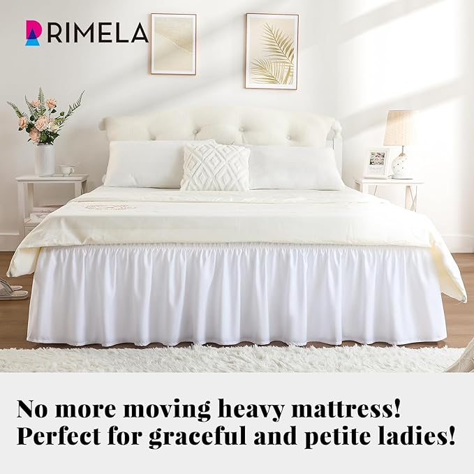RIMELA White Bed Skirt Queen Size 15 Inch Drop, Elastic Bed Skirting for Bed Base and Frame, Bedding Dust Ruffle Easy to Install, Lightweight Wrap Around Adjustable Bedskirt