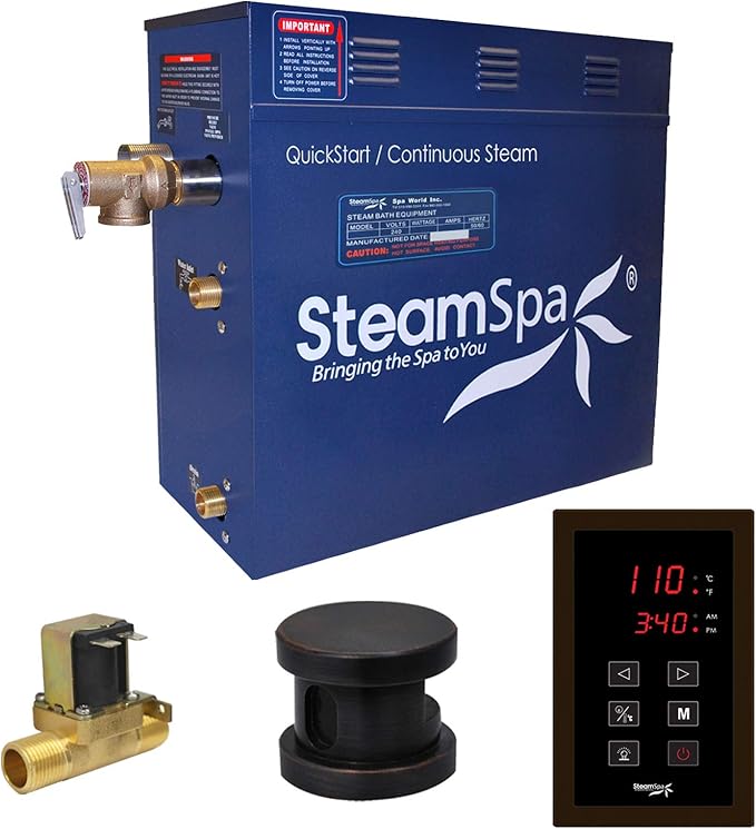 SteamSpa 6kW Steam Sauna Generator Sentry Series 240V Steam Generator with Touch Screen, Steamhead, Built-in Steam Shower Auto Drain, ACU Quickstart Steam Bath Generator Bundle SNT600ORB-A