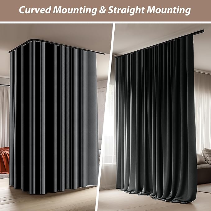 Room Divider Curtains with Ceiling Curtain Track Set Window Curtain for Bedroom,Living Room Total Blackout Thermal Insulated Privacy Ceiling Track Curtain W 9 × H 7 FT Deak-Grey drape&Black track