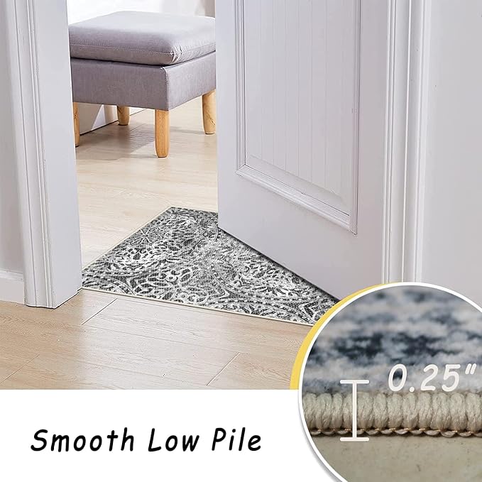 vivorug Grey Runner Rug 2x10 Machine Washable Rug with Non-Slip Backing, Ideal for Kitchen Hallway Entryway Laundry Room - Vintage, Durable, Easy Clean, Low Pile Carpet Runner