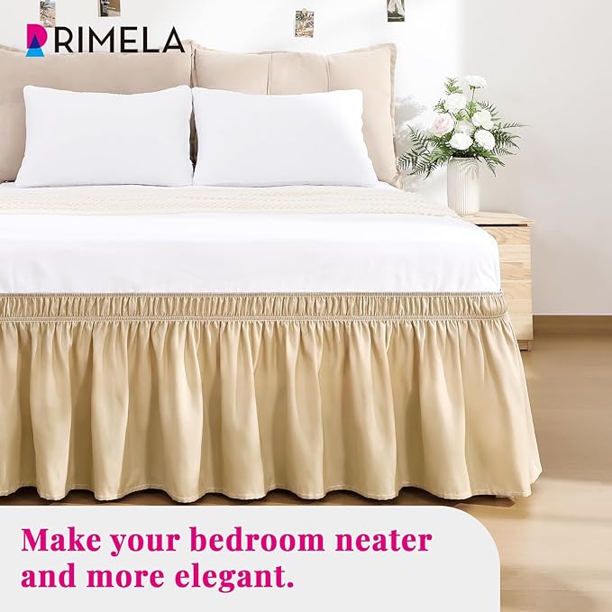 RIMELA Beige Bed Skirt Queen Size 18 Inch Drop, Wrap Around Elastic Bedskirt, Dust Ruffle for Adjustable Bed Base Machine Washable Easy to Install Bed Skirts