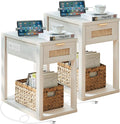 LEYAOYAO Narrow Side Table Set 2 with Charging Station,Rattan Night Stand with Drawer Storage,Natural Wood Bedside End Table with Metel Handle for Small Spaces,Boho Nightstand for Living Room Bedroom