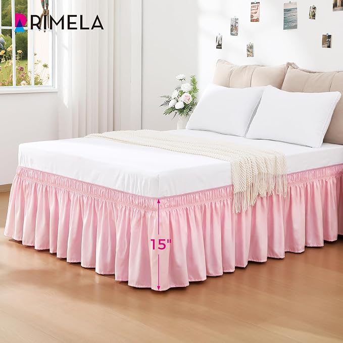 RIMELA Dusty Pink Bed Skirt King Size 15 Inch Drop, Wrap Around Elastic Bedskirt, Dust Ruffle for Adjustable Bed Base Machine Washable Easy to Install Bed Skirts