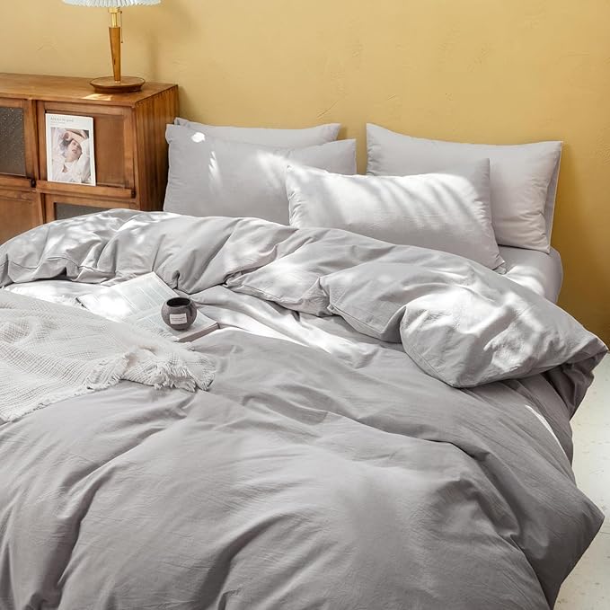 FOSSA Duvet Cover Set 100% Washed Cotton Linen Feel Super Soft Breathable Cozy 3 Pieces Bedding Sets Solid Grayish Queen