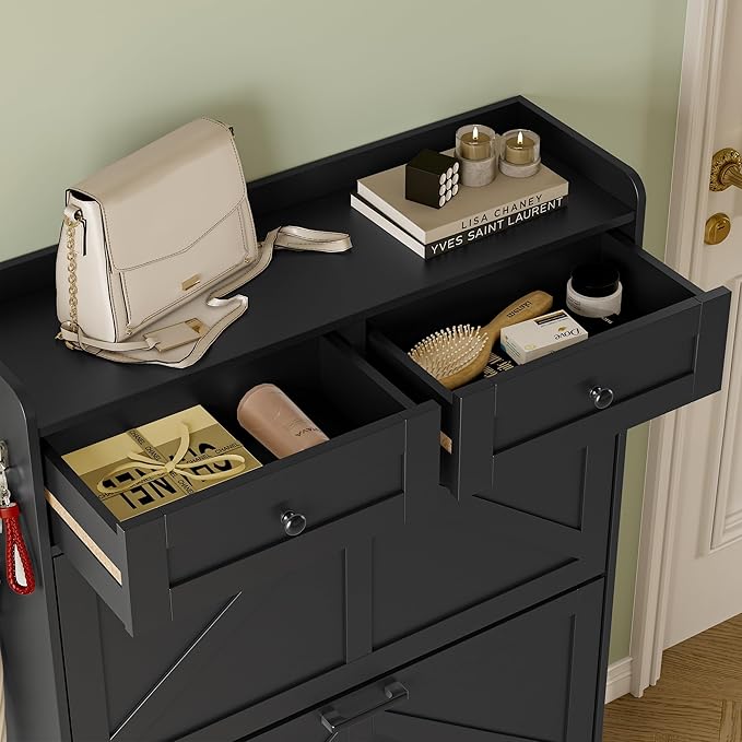 Shoe Storage Cabinet for Entryway, Farmhouse Narrow Shoe Cabinet with 2 Flip Drawers & Top Drawers, Adjustable Shelves & Hooks, Freestanding Hidden Rack Organizer for Hallway, Foyer