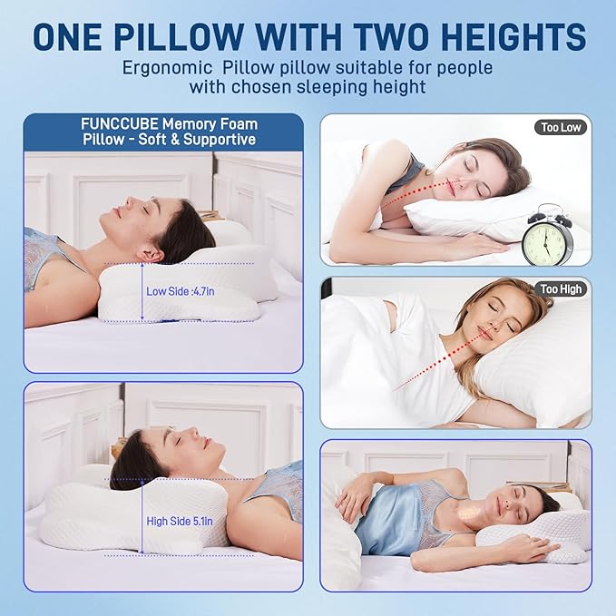 Cervical Neck Pillow for Sleeping, Dual Height Contour Memory Foam Pillow for Neck Pain Relief & Support, Orthopedic Butterfly Pillow for Side, Back & Stomach Sleepers – Cooling Washable Cover (white)
