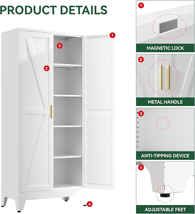 Farmhouse Pantry Cabinet,71" H x 31.5" W,Metal Cabinet with Adjustable Shelves and Barn Doors,5-Tier Storage Cabinet for Kitchen Dining Room Garage,White