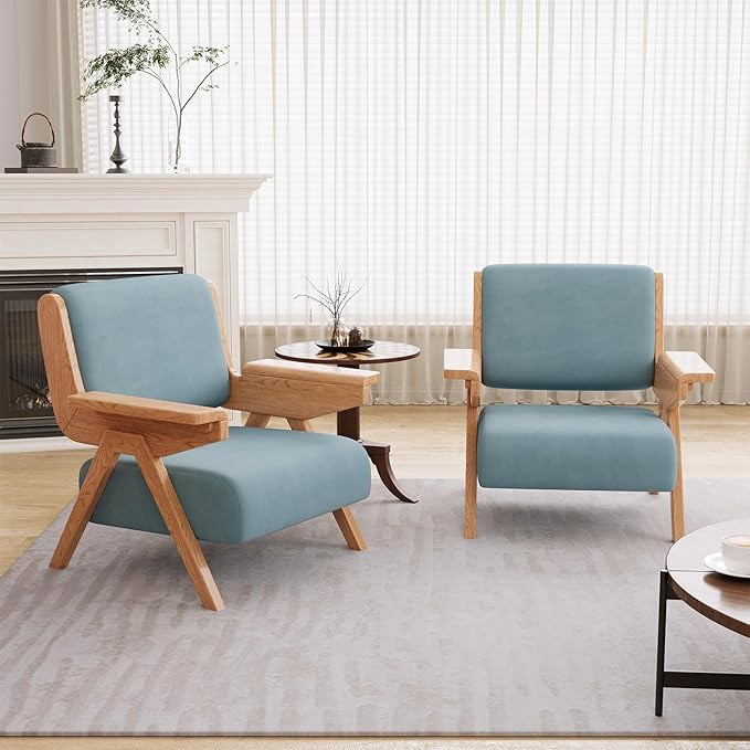 Accent Chair Mid Century Modern Chair, Velvet Upholstered Lounge Arm Chair with Solid Wood, Cozy Reading Chair for Living Room, Bedroom, Balcony (Blue)