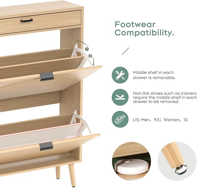 Yechen Shoe Storage Cabinet with 2 Flip Drawers& 1 Small Drawer, Slim Entryway Shoe Organizer with Fluted Wavy Doors for Hallway,Natural Oak